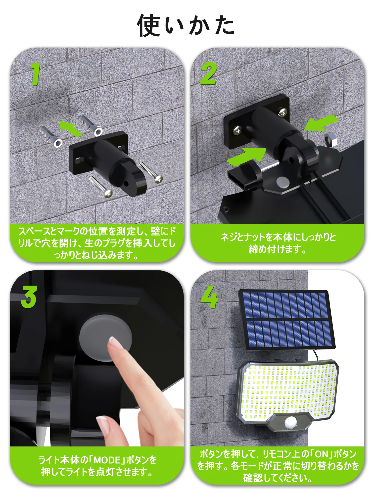 壁面固定と操作の手順を示す TM001-234LED の提供画像